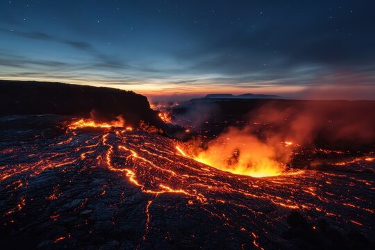Glowing river of lava flows under night sky in Iceland showcasing volcanic activity, Hot smoking river of lava glowing at night Iceland vertical time lapse