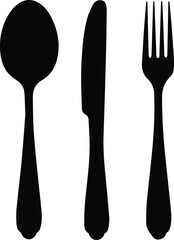 Create a kinds of Spoon, knife, fork icon set, Dining silverware , cutlery, Vector illustration silhouette with white background.