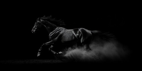 Majestic Black Stallion in Motion: A Dramatic Black and White Photography