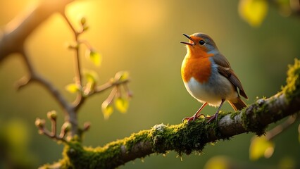 Obraz premium Singing European Robin perched on a mossy branch in golden sunlight, wildlife in nature