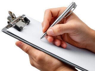 Hand Writing on Clipboard: Close-up of a hand writing on a clipboard, showcasing a pen poised over the blank page, ready to record notes or data. capturing focus and detail.