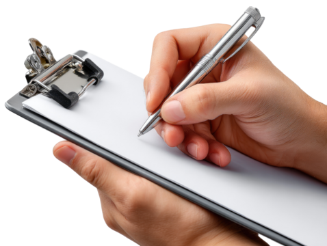 Hand Writing on Clipboard: Close-up of a hand writing on a clipboard, showcasing a pen poised over the blank page, ready to record notes or data. capturing focus and detail.