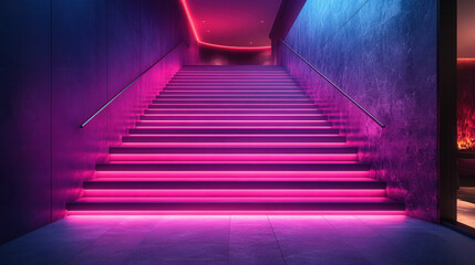Fototapeta premium A modern interior space featuring architectural stairs and walls bathed in striking purple light. The bold illumination casts dramatic shadows and enhances the atmosphere with a surreal