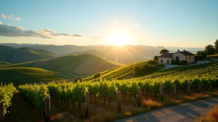 Obraz premium Picturesque Vineyard Landscape with Rolling Hills and Charming Cottage at Sunset