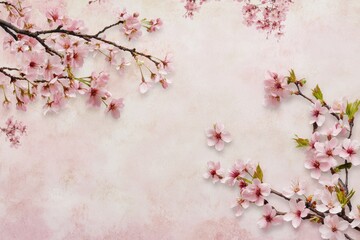 Fototapeta premium Delicate cherry blossom branches create a serene pink background, Cherry blossom branches overlaying a delicate pink Japanese pattern, framed in oriental style