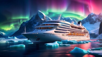 A radiant luxury cruise glowing under vibrant auroras in a polar setting, Cinematic theme, HDR, Vibrant