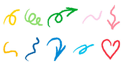 Chalk scribble brush arrow, oval, line set. Crayon handwritten arrow elements. Hand drawn scribble crayon, marker color brush texture. Rough chalk vector illustration isolated on white background.