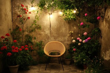 Cozy Outdoor Corner with a Wicker Chair Surrounded by Lush Flowers and Soft Ambient Lighting Creating a Tranquil Atmosphere for Relaxation and Reflection