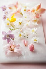 Various flowers arranged neatly on a white surface, pink, purple, yellow blossoms, decorative floral layout