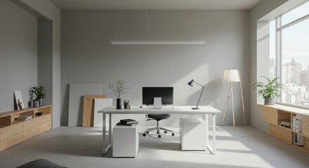Fototapeta premium Modern Minimalist Home Office Workspace with White Desk and City View