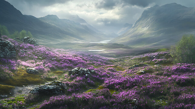  The enchanting Scottish Highlands carpeted with blooming heather 