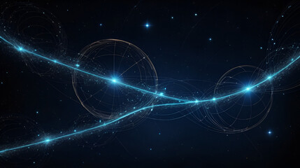 Abstract Cosmic Network: Celestial Bodies Connected by Glowing Lines Against a Dark Nebula Background