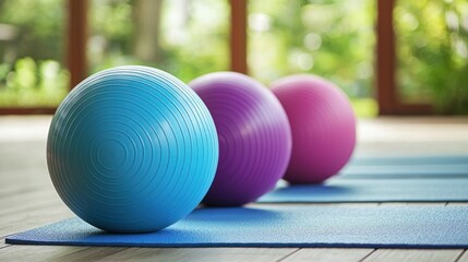 Three exercise balls on a blue yoga mat in a well-lit room with large windows and greenery outside.