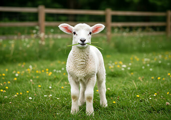 Obraz premium sheep on a meadow, Cute Baby Lamb Eating Grass in Spring Meadow