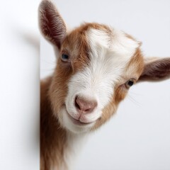 Playful young goat peeking around a white wall, showcasing its curious expression in a studio setting