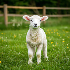 Fototapeta premium sheep in the grass, Cute Baby Lamb Eating Grass in Spring Meadow