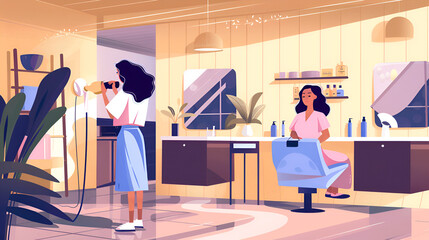 Illustration of a salon with a woman taking a photo and another sitting in a chair waiting
