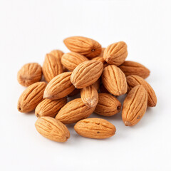 Fototapeta premium A pile of whole almonds in shells, displayed on a white background.