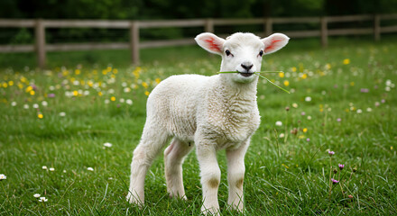 Obraz premium lamb in the grass, Cute Baby Lamb Eating Grass in Spring Meadow