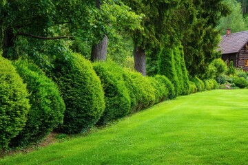 Naklejka premium Lush Green Lawn and Manicured Hedges in a Serene Garden Setting Landscape View of a Quaint Cabin in the Distance Beautiful Outdoor Scene