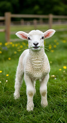 Obraz premium little lamb on a meadow, Cute Baby Lamb Eating Grass in Spring Meadow