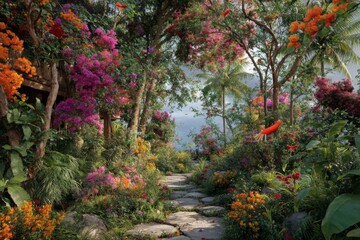 Lush Tropical Garden Pathway Surrounded by Vibrant Flowers and Lush Greenery in a Serene Nature Setting
