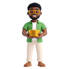 Naklejka premium Financial Visionary: A cheerful individual, holding a stack of gold coins, ready to visualize financial potential.