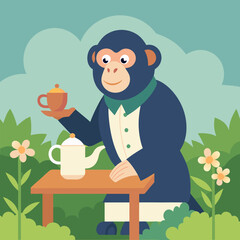 Vector art illustration of a monkey with tea