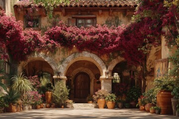 Fototapeta premium Charming courtyard adorned with vibrant bougainvillea and rustic pottery creating a serene gardening retreat in sunlight