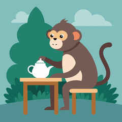 Vector art illustration of a monkey with tea