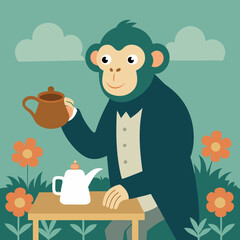 Vector art illustration of a monkey with tea