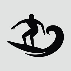 Surfer on Wave Silhouette Clean Motion Black on White Vector Illustration