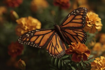 Obraz premium Vibrant Monarch Butterfly Resting on Bright Marigold Flowers in a Lush Garden Setting
