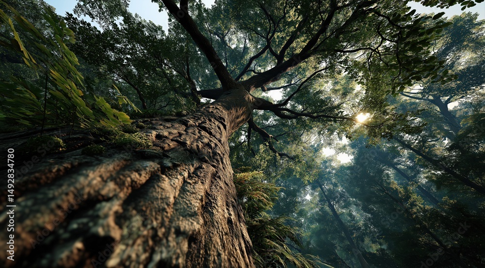 Poster sunlight filtering through canopy of majestic trees in lush forest