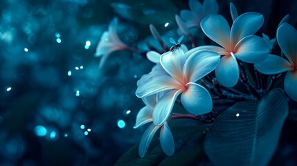 Fototapeta premium Ethereal Blue Flowers with Delicate Petals and Soft Glowing Lights in a Mystical Garden Setting