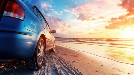A blue car parked on a sandy beach at sunset with the ocean in the background.