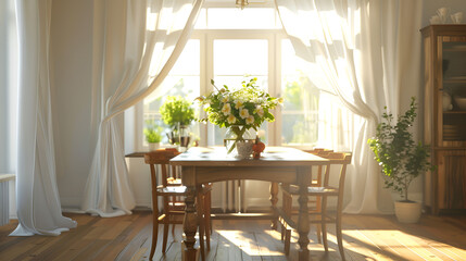 A dining room with a wooden table and chairs with sunlight streaming through the sheer curtains