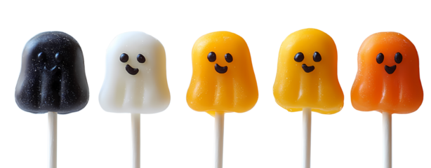 Colorful ghost-shaped lollipops arranged on sticks, perfect for Halloween decor and sweet treats.