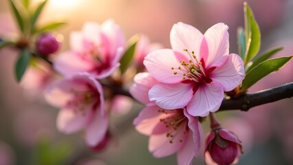 Obraz premium Delicate pink blossoms on a tree branch in springtime, capturing the beauty of fresh flora under sunlight.