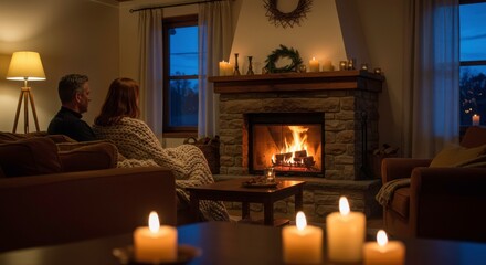 Couple Relaxing by Cozy Fireplace in Romantic Winter Evening Home