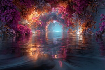 Serene Floral Landscape with Reflective Water and Colorful Blossoms in a Dreamlike Environment