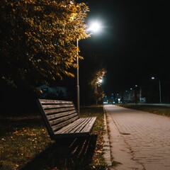 Empty bench under streetlight at night in autumn park setting low angle view peaceful atmosphere
