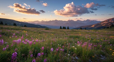 Serene Sunset over Wildflower Meadow and Mountain Range Landscape