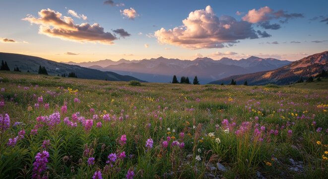 Serene Sunset over Wildflower Meadow and Mountain Range Landscape - Powered by Adobe