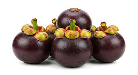 Group of Fresh Mangosteens with Green Stems and Brownish Petals