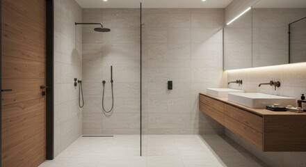 Modern Luxury Bathroom Interior Design with Double Sinks Walk in Shower and Wood Accents