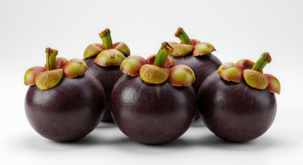 Group of Fresh Mangosteens with Green Stems and Leafy Crowns