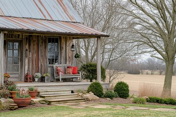 Cozy Rustic Cabin with Weathered Wood and Charming Porch Surrounded by Lush Greenery and Serene Rural Landscape Under Overcast Sky