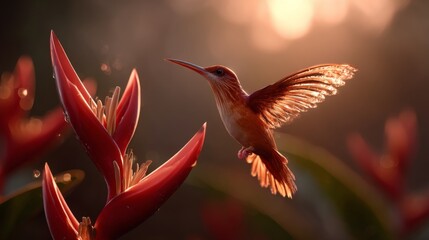 Obraz premium Hummingbird in Flight Near Vibrant Tropical Flowers at Sunset Creating a Magical Natural Scene