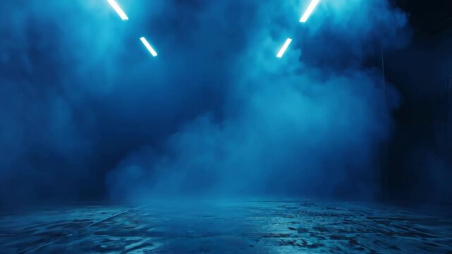empty blue illuminated stage filled with vapor smoke from fog machine under neon lights